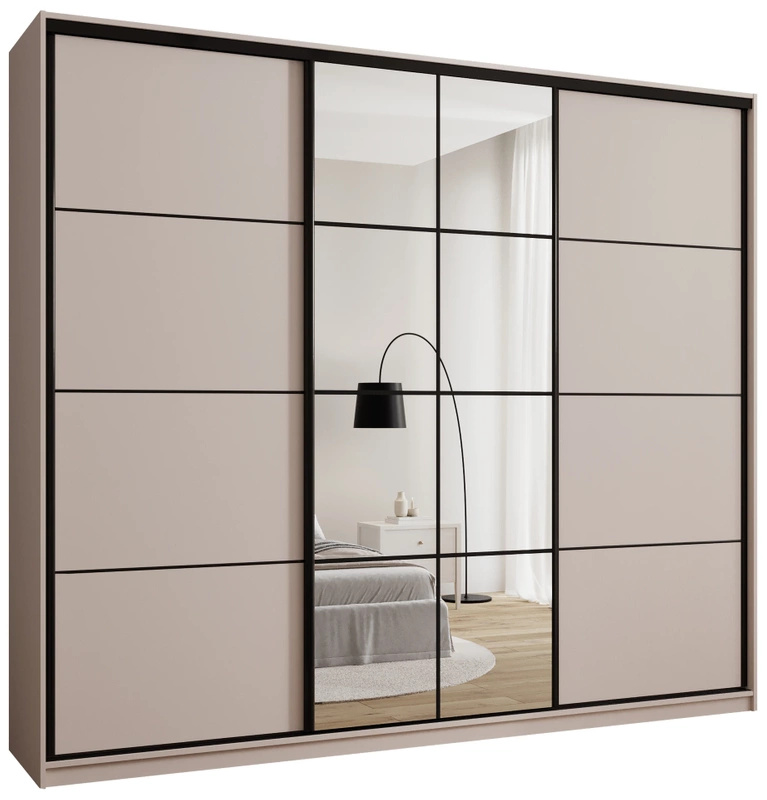 Duża beżowa trzydrzwiowa szafa przesuwna 280 cm z półkami EDGE MAX