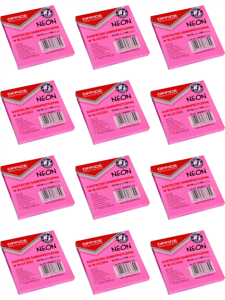 12x Karteczki samoprzylepne Office Products, 76x76mm, 100 karteczek, neonowy różowy