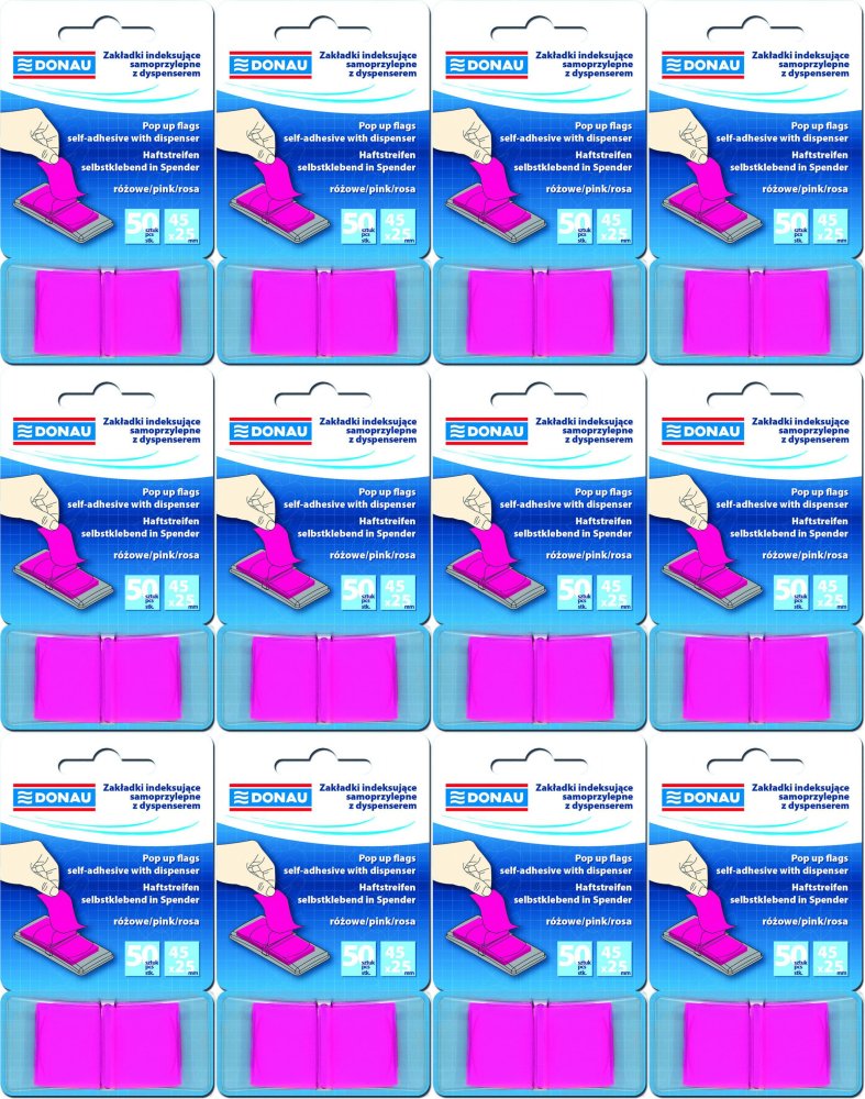 12x Zakładki samoprzylepne Donau, indeksujące, 25x45mm, 1x50 sztuk, różowy