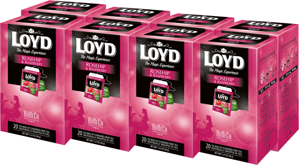 8x Herbata owocowa w kopertach Loyd Horeca Premium, dzika róża i malina, 20 sztuk x 2g