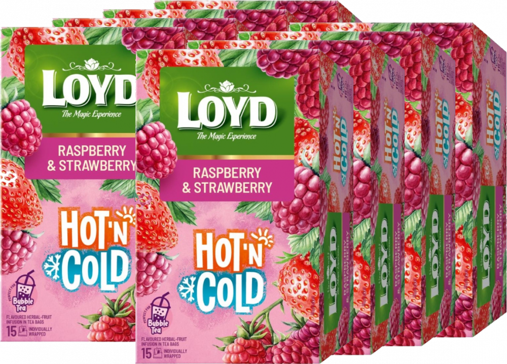 8x Herbata owocowo- ziołowa w kopertach Loyd Hot & Cold, malina i truskawka, 15 sztuk x 2g