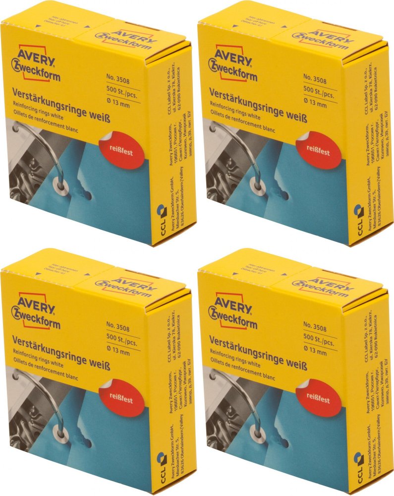 4x Pierścienie wzmacniające Avery Zweckform, 13mm, 500 sztuk, biały