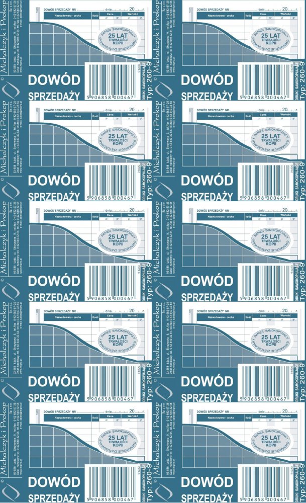 10x Druk akcydensowy dowód sprzedaży (paragon) MiP 260-9, A7, wielokopia, 80k