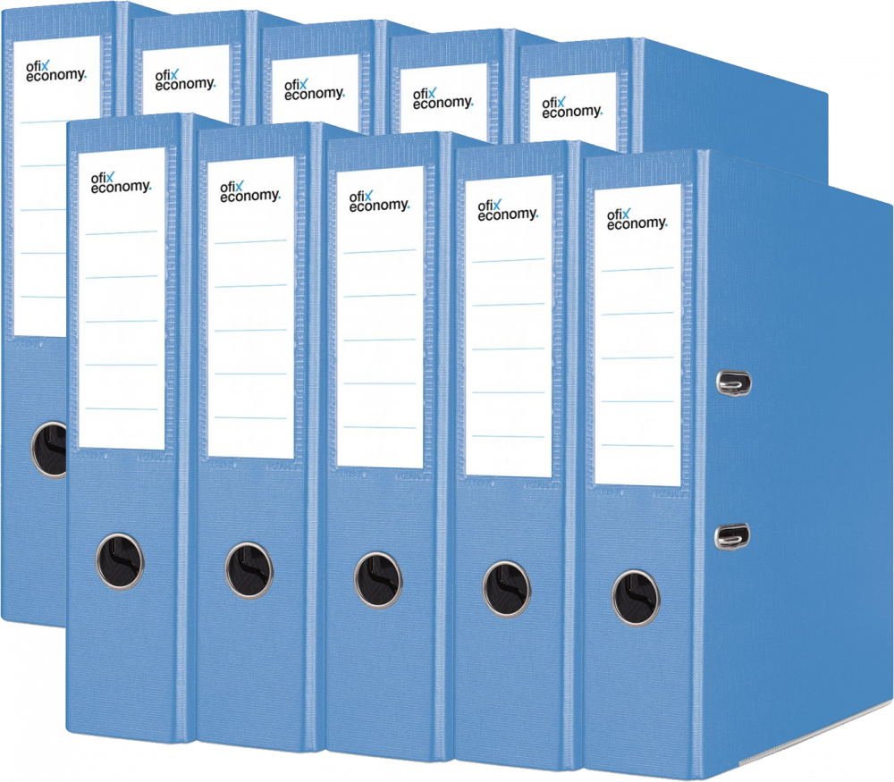 10x Segregator A4 Ofix Economy, z wyklejką, 75mm, do 500 kartek, jasnoniebieski