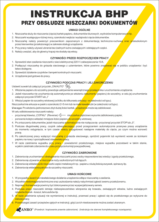 Instrukcja BHP i PPOŻ Anro, "BHP przy obsłudze niszczarki dokumentów", 25x35cm
