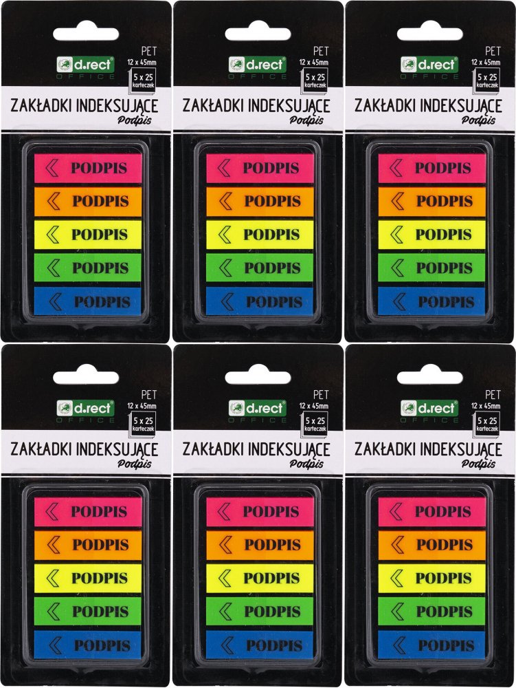 6x Zakładki samoprzylepne D.Rect, z nadrukiem "podpis", indeksujące, folia PET, 12x45mm, 5x25 sztuk, mix kolorów neonowych