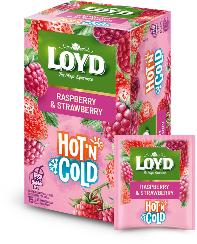 Herbata owocowo- ziołowa w kopertach Loyd Hot & Cold, malina i truskawka, 15 sztuk x 2g