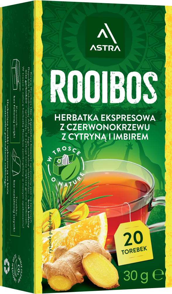 Herbata Rooibos w torebkach Astra, cytryna i imbir, 20 sztuk x 1.5g