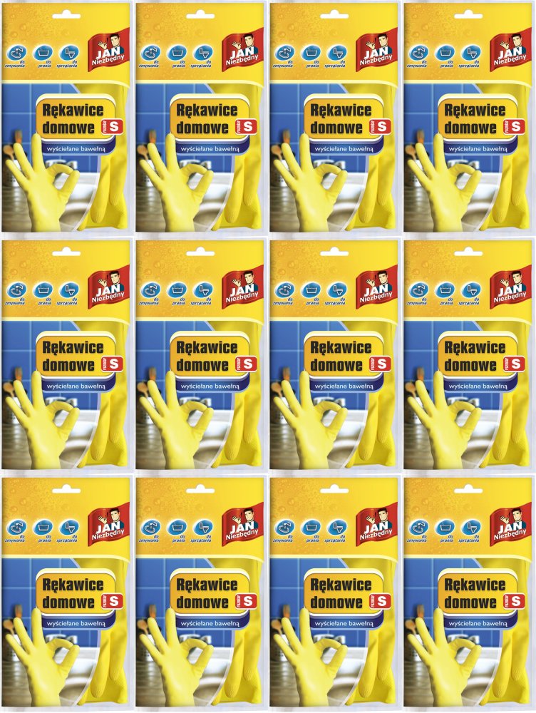 12x Rękawice lateksowe domowe Jan Niezbędny, wyściełane bawełną, rozmiar S, 1 para, mix kolorów