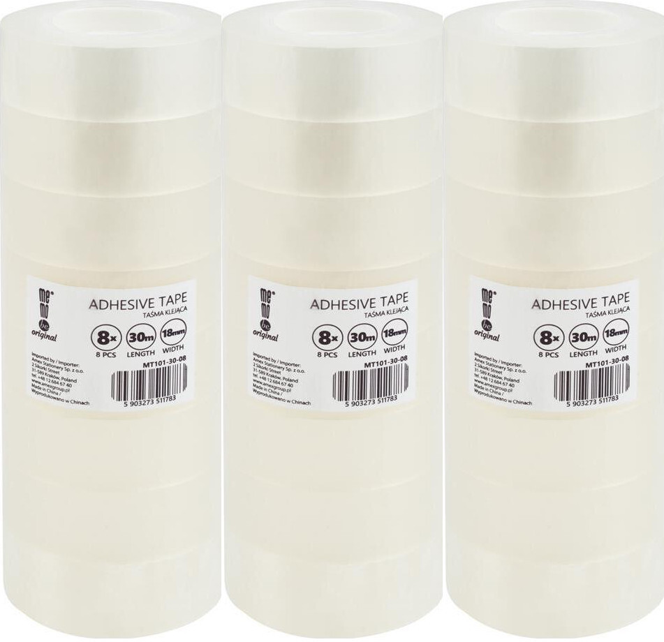 3x Taśma klejąca MemoBe 18mmx30m, 8 sztuk, przezroczysty