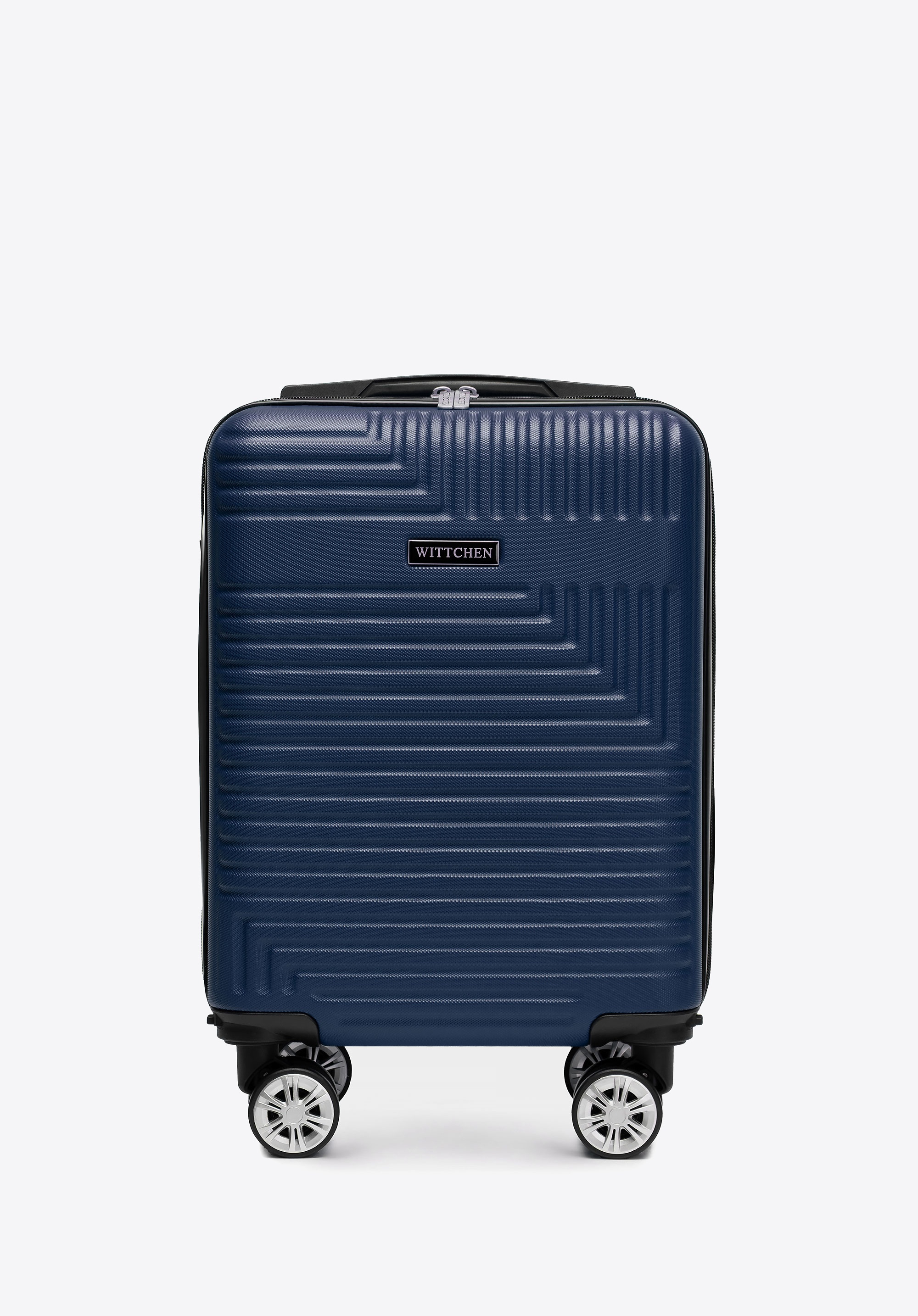 Walizka kabinowa z ABS-u z odpinanymi kółkami w geometryczny wzór granatowa