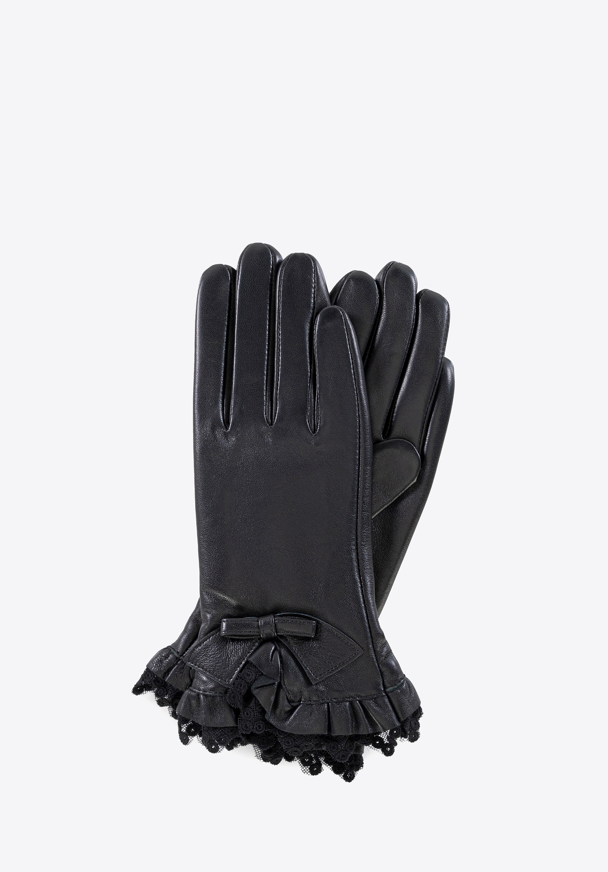 Damskie rękawiczki skórzane z dekoracyjną koronką czarne
