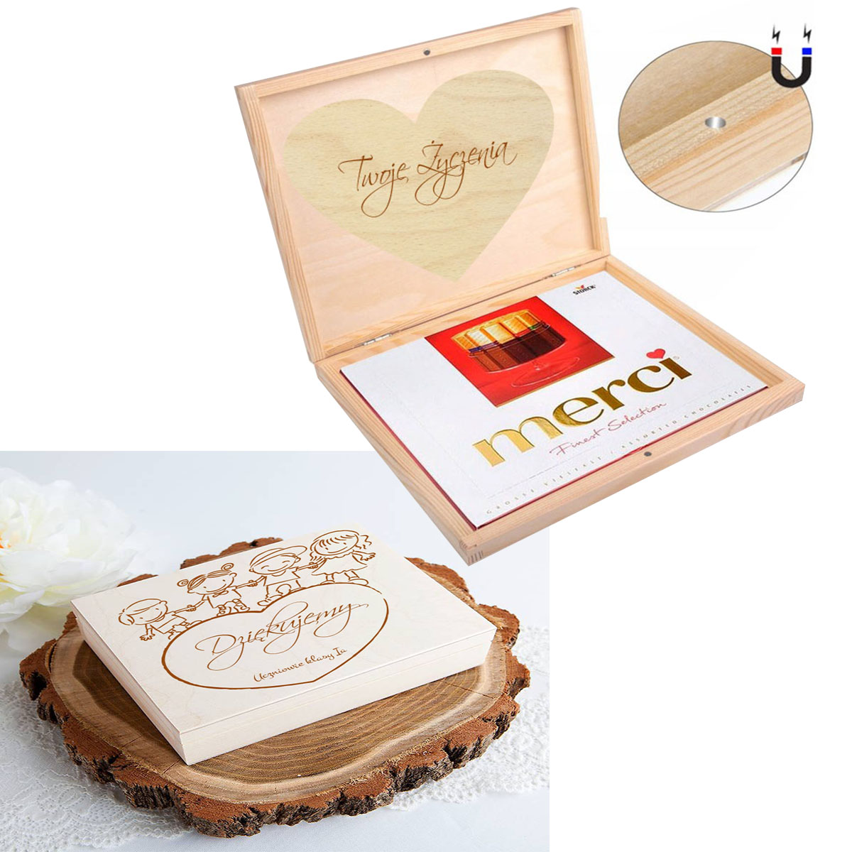 Pudełko na czekoladki Merci prezent dzień nauczeciela twój napis grawer