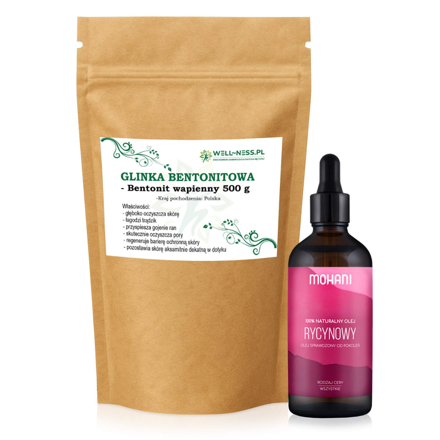 Zestaw glinka bentonitowa - bentonit wapienny 500g + olejek rycynowy kosmetyczny Mohani 100 ml