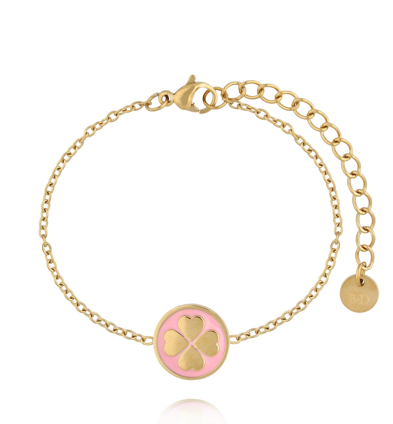 Bransoletka z czterolistną koniczynką na różowej emalii - By Dziubeka