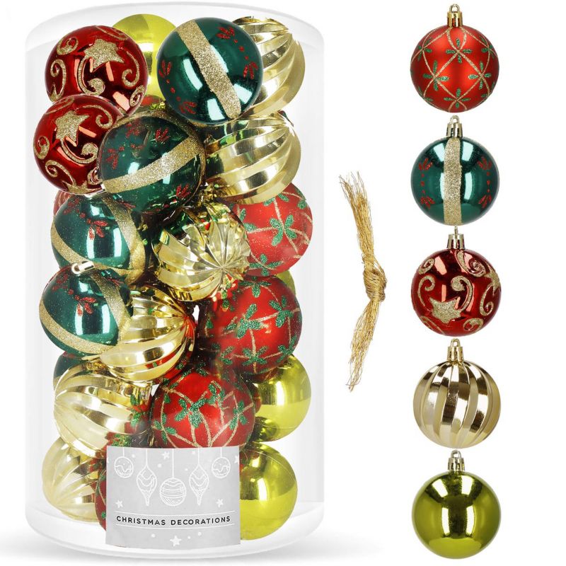 Bombki choinkowe Springos, zestaw 6 cm czerwony, zielony, złoty, ozdoby świąteczne 30 szt.