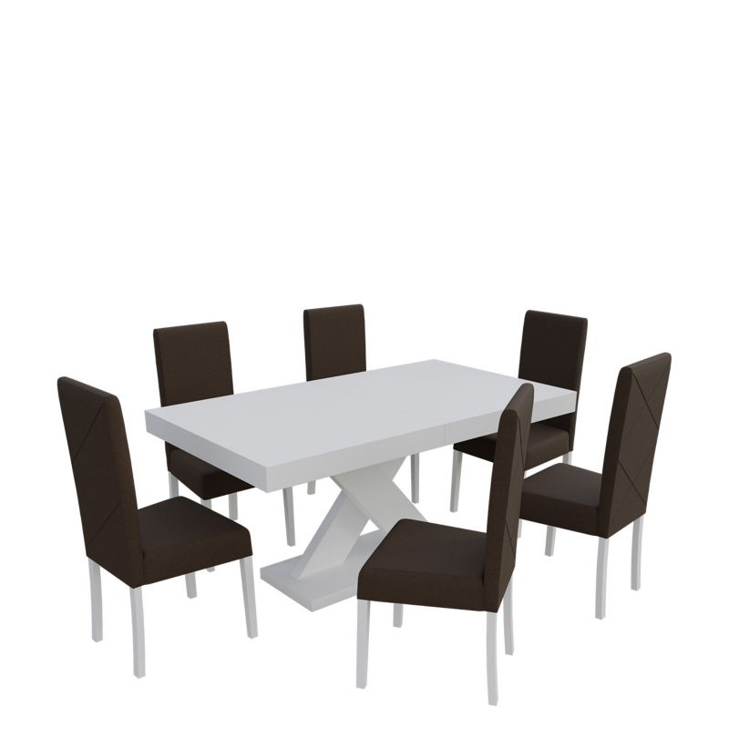 Zestaw RO06 MIRJAN 24 Stół rozkładany S05 90x160/210 + 6 krzeseł K02 biały + gorzka czekolada 1 kpl.