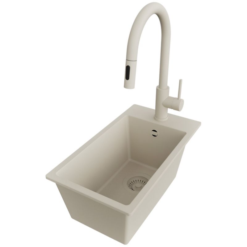 Zlewozmywak Granitowy Ryga PRIMAGRAN Nablatowy 28x50cm do szafki od 30cm, Beżowy + Bateria 40x20cm + Syfon, S026, 1 szt.