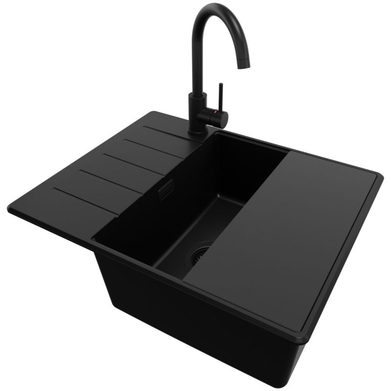 Zlewozmywak Granitowy Kopenhaga PRIMAGRAN Nablatowy 62x50cm, Cały Czarny + Bateria + Syfon + Akcesorium, S468, 1 szt.