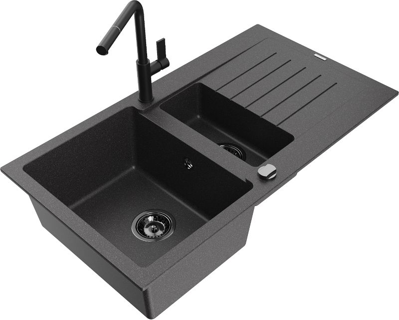 Zlewozmywak granitowy Mexen Matias 1,5-komorowy z ociekaczem i baterią kuchenną Flora czarny 6502-76-670401-70-B