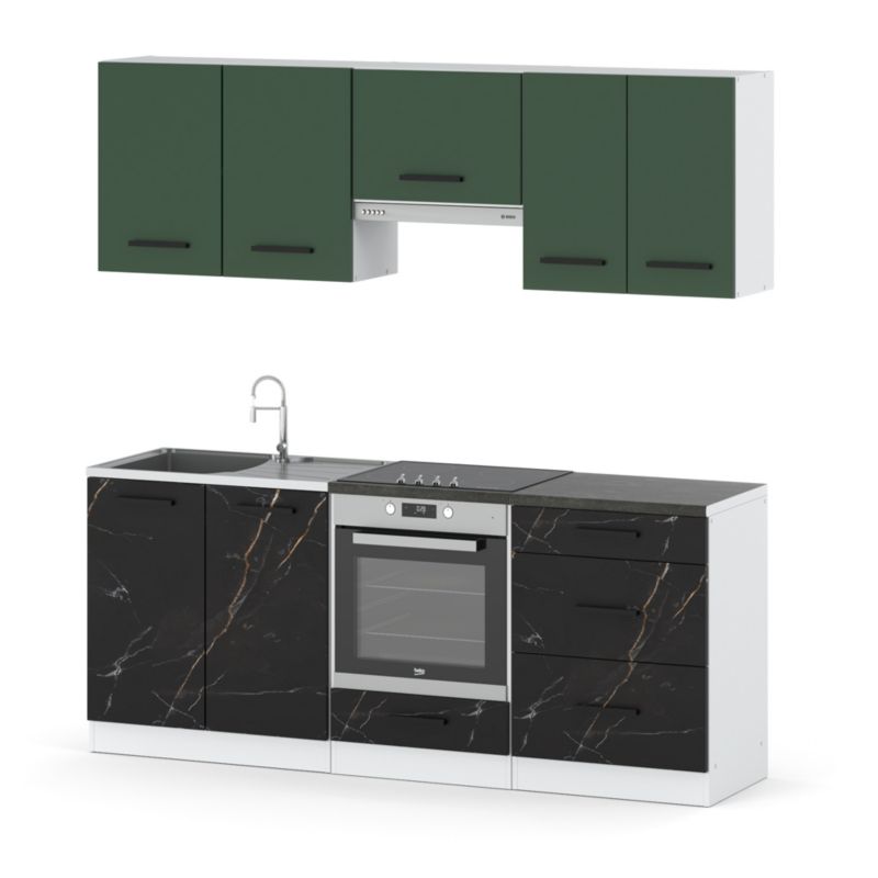 Zestaw Kuchenny Hurtownia-Mebli Z Blatem Kuchnia Mini Mokka Full 200cm Biały Mat Butelkowa Zieleń/San Sebastian 200x47x145 cm 1s