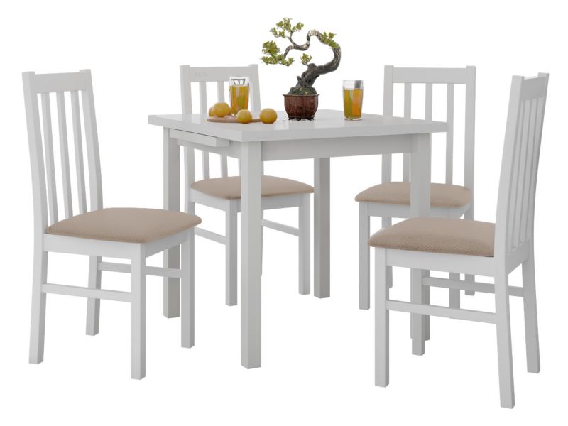 Zestaw DR14 Stół rozkładany Max VII 80x80/110 + 4 krzesła Bos 10 biały + beżowa tapicerka 1 kpl.