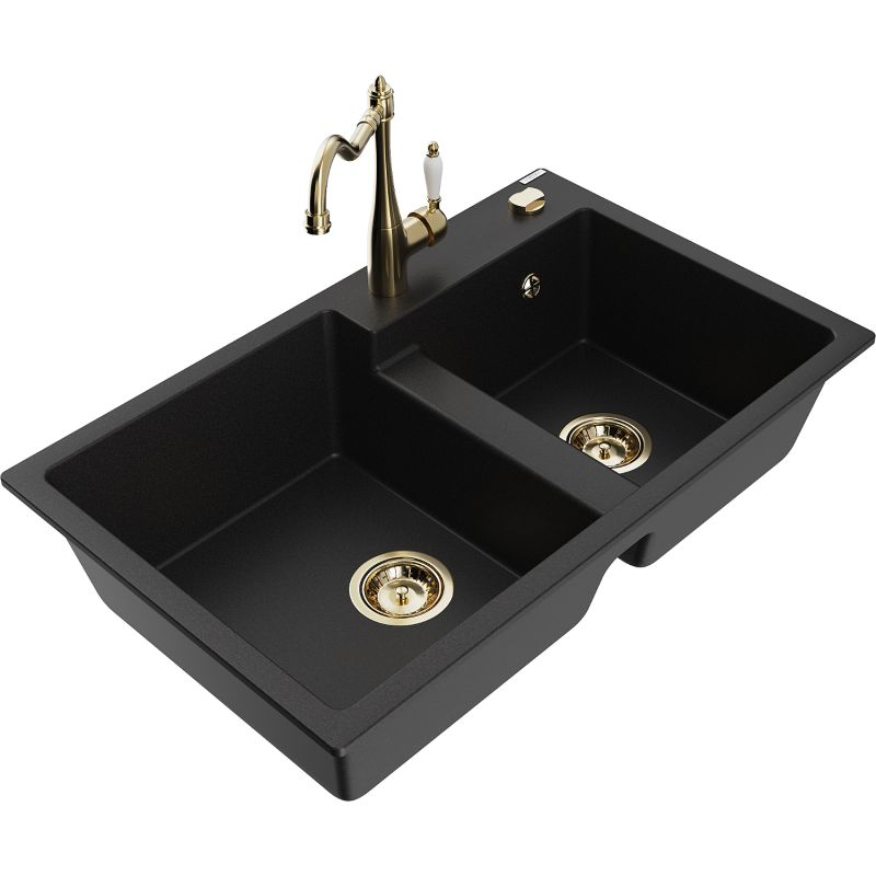 Zlewozmywak granitowy 2-komorowy Mexen Tomas z baterią kuchenną Carla czarny 6516-77-670700-50