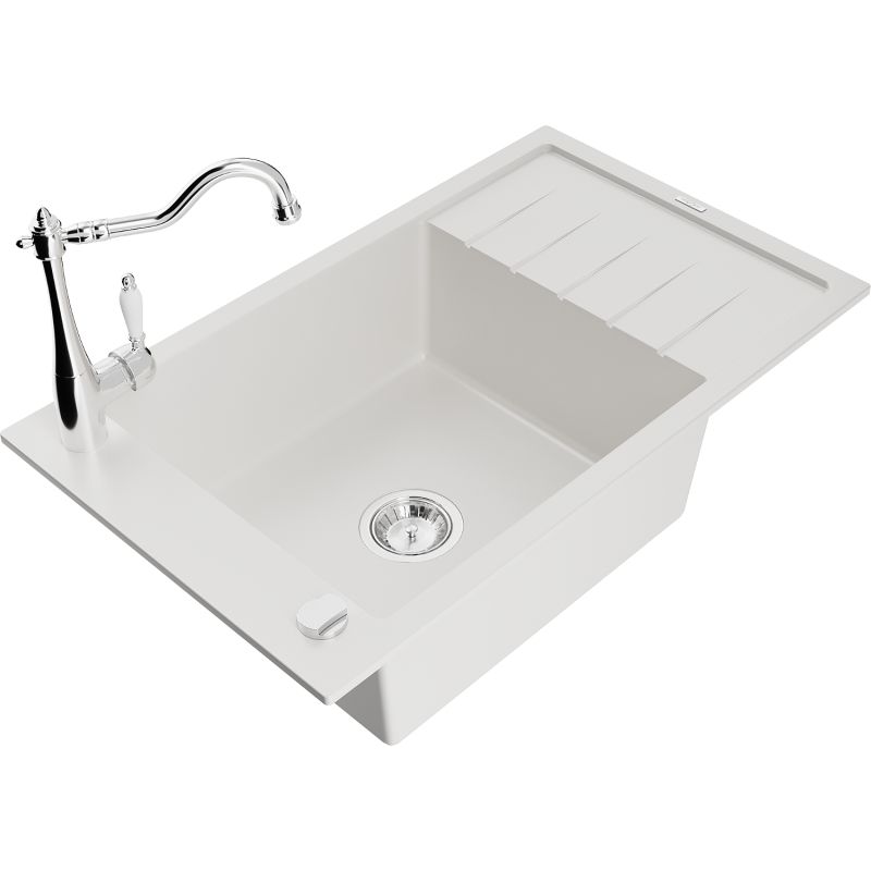 Zlewozmywak granitowy 1-komorowy Mexen Elias z ociekaczem i baterią kuchenną Carla biały 6511-20-670700-00