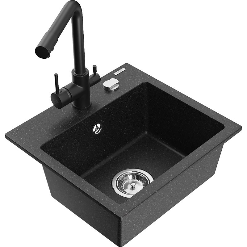 Zlewozmywak granitowy 1-komorowy Mexen Milo z baterią kuchenną Duero czarny/złoty metalik - 6505-75-671600-70 1 szt.