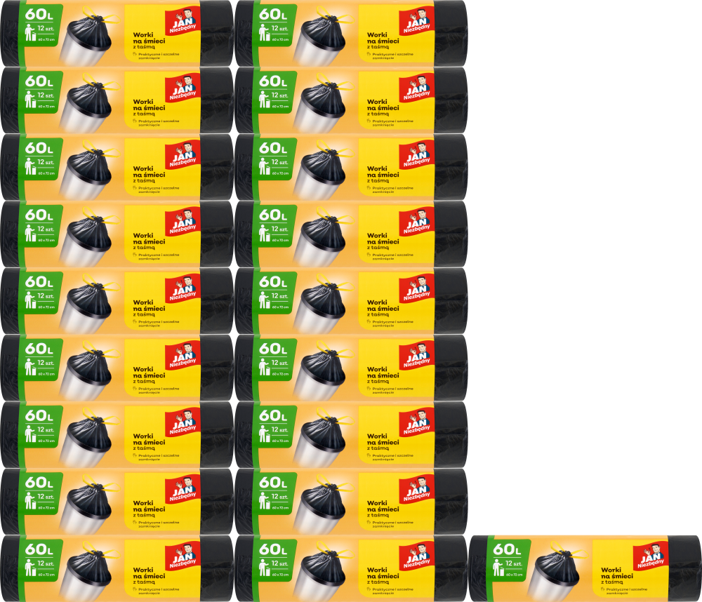 20x Worki na śmieci Jan Niezbędny, z taśmą, na odpady zmieszane, 60l, 12 sztuk, czarny