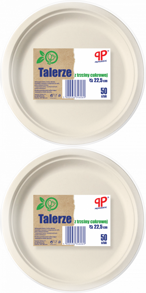 2x Talerze jednorazowe PP Professional, 23cm, trzcina cukrowa, 50 sztuk, biały