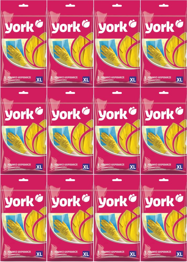 12x Rękawiczki lateksowe domowe York, rozmiar XL, 1 para, żółty
