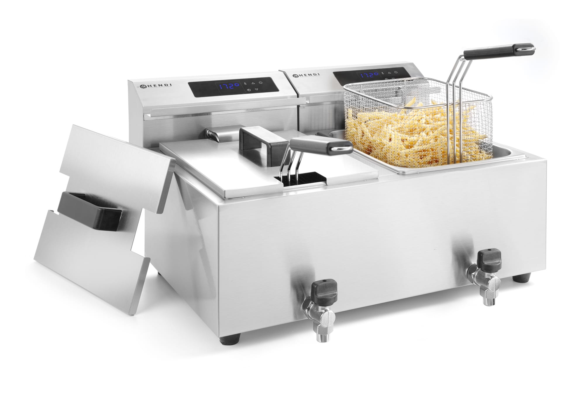 Podwójna frytownica 2 x 8 l z cyfrowym panelem i kranikami Hendi