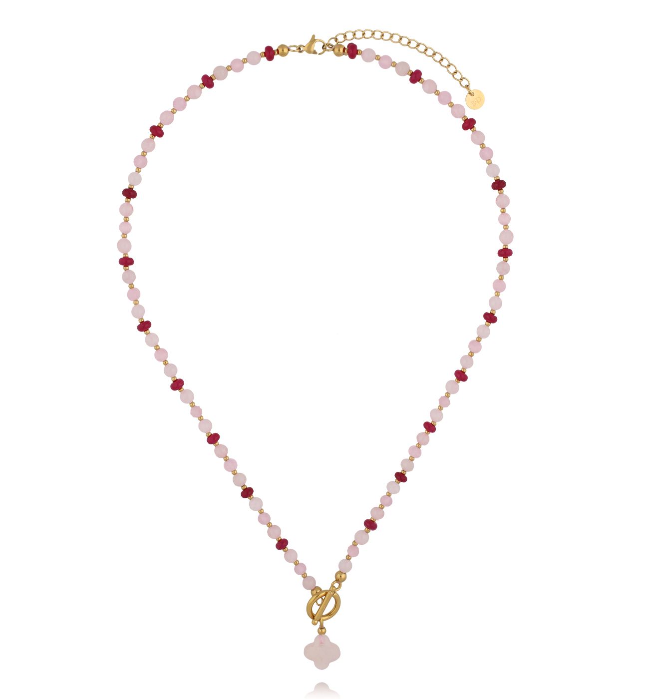 Naszyjnik z kwarcu różowego, jadeitu i kociego oka z zawieszką koniczynki - By Dziubeka