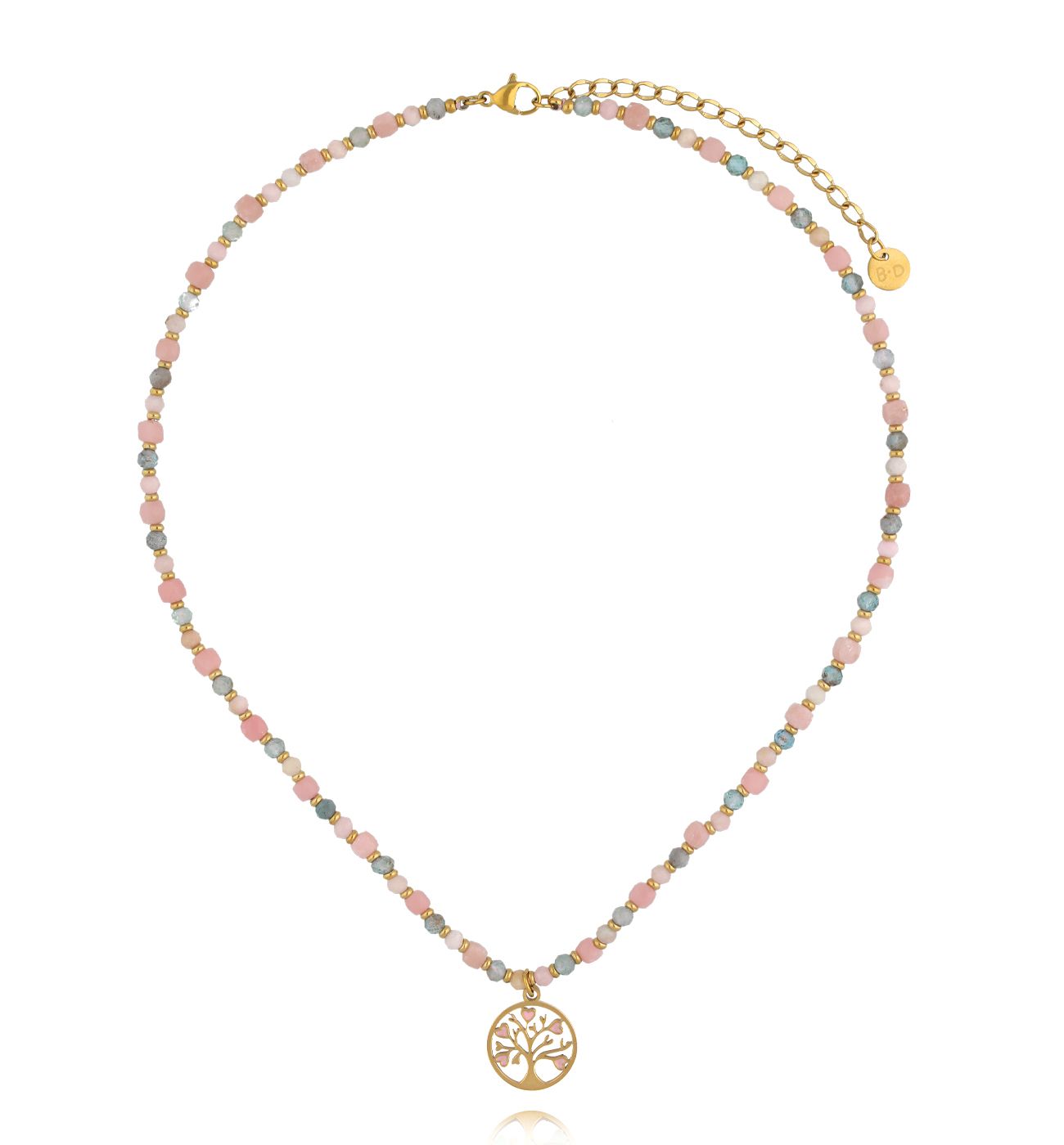 Naszyjnik z różowym opalem i apatytami z zawieszką Drzewa Życia - By Dziubeka