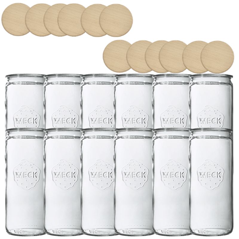 Słoiki MODO24 Weck 1500 ml fi 100 cylinder drewniane wieka 12 kpl.