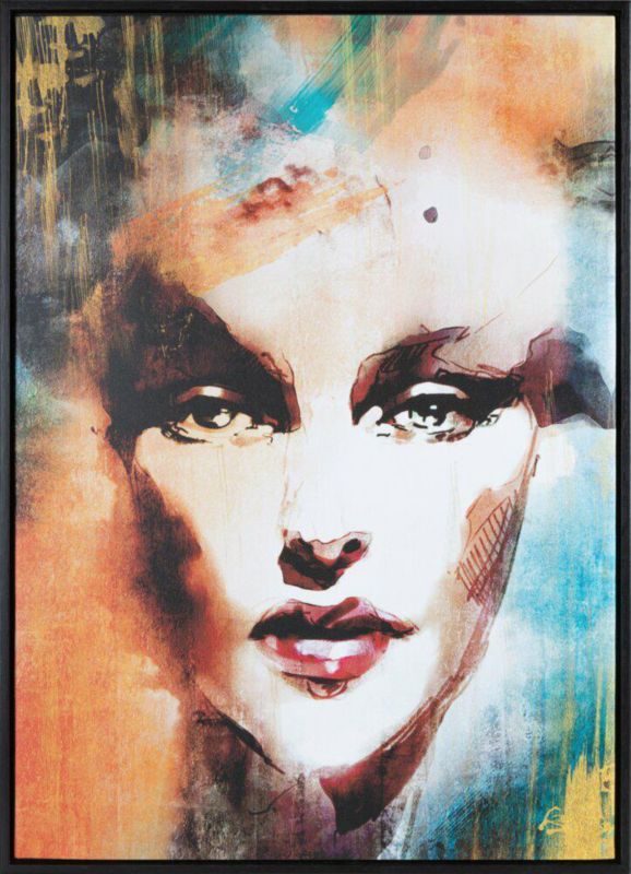 Obraz 637/A Eurofirany 50x70 cm twarz kobieca, pomarańczowo turkusowy nadruk na płótnie oprawiony w ramę 1 szt.