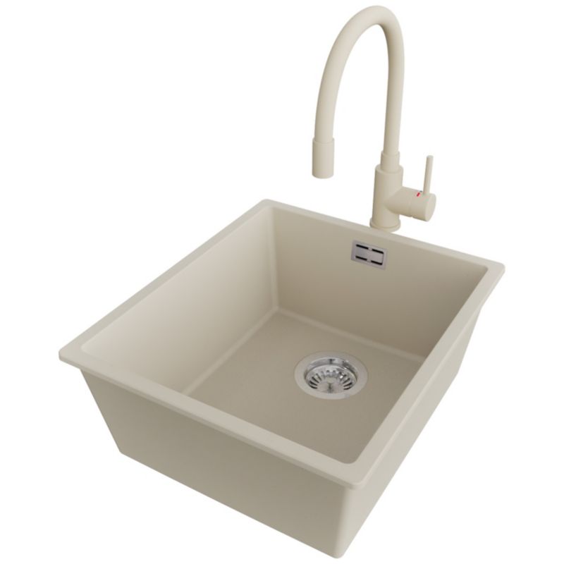 Zlewozmywak Granitowy Londyn Slim PRIMAGRAN Nablatowy 41x47cm do szafki od 45cm, Beżowy + Bateria 38x14cm + Syfon, S149, 1 szt.