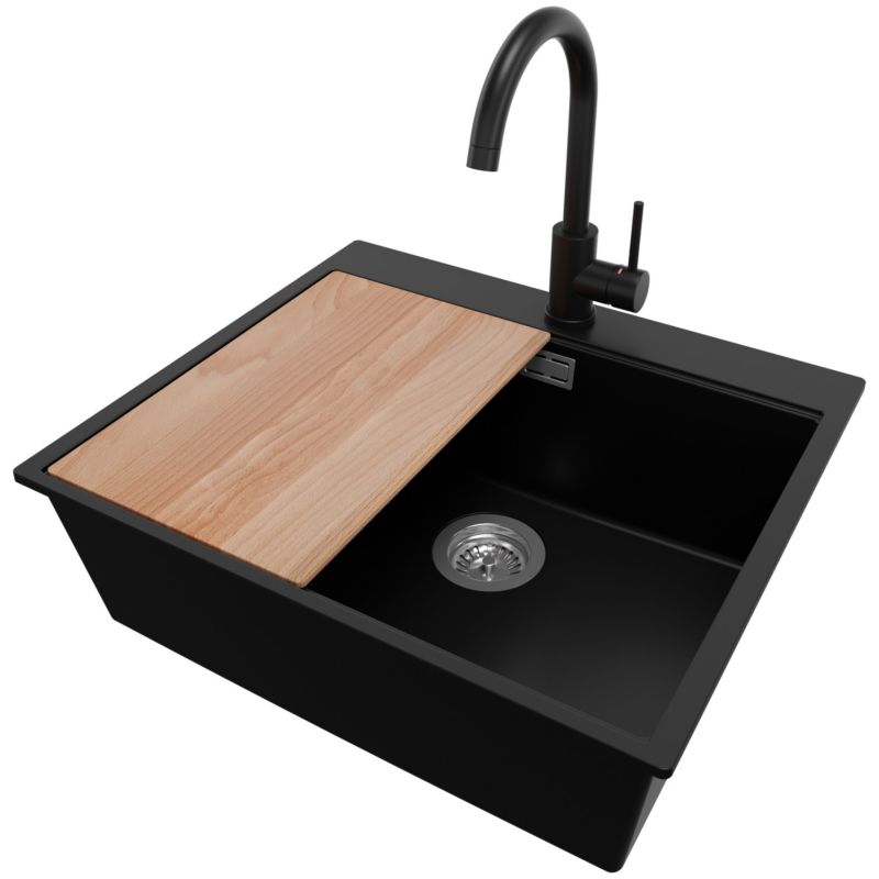 Zlewozmywak Granitowy Oslo PRIMAGRAN Nablatowy 58x50cm do szafki od 60cm, Czarny + Bateria 32x20cm + Syfon + Deska, S413, 1 szt.