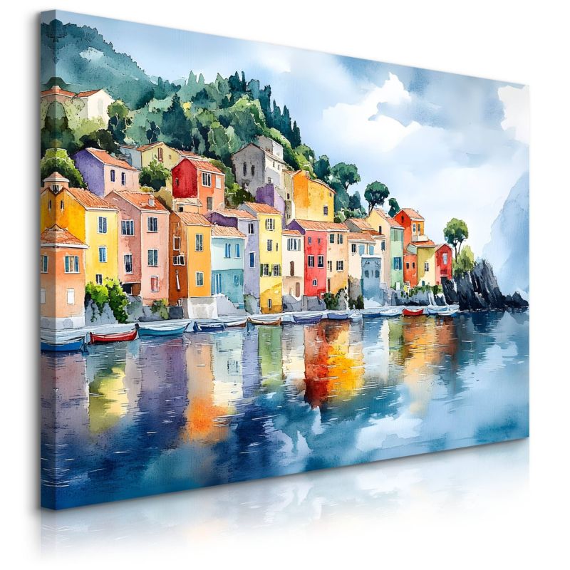 Obraz Muralo Akwarele Kolorowe Budynki Wybrzeże Krajobraz 100x70 cm 1 szt.