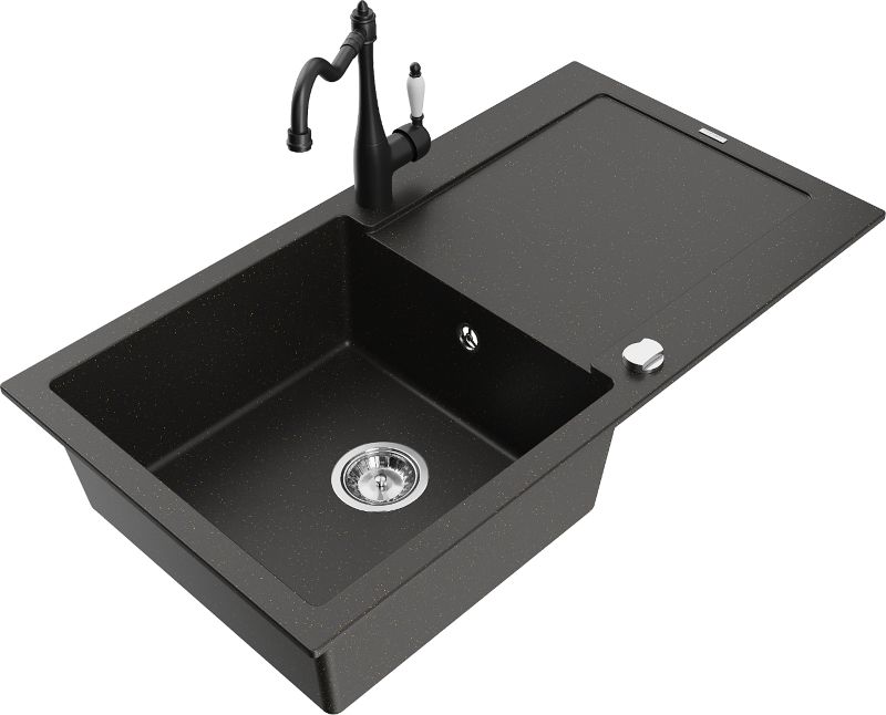 Zlewozmywak granitowy Mexen Leo 1-komorowy z ociekaczem i baterią kuchenną Carla czarny/złoty 6501-75-670700-70