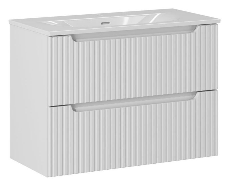 Szafka pod umywalkę Furnidea 80 cm wisząca z blatem biały mat Nova White biała ryflowane fronty 2 szuflady 1 szt.