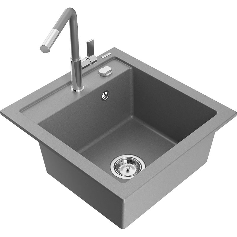 Zlewozmywak granitowy 1-komorowy Mexen Vito z baterią kuchenną Flora szary 6503-71-670401-06