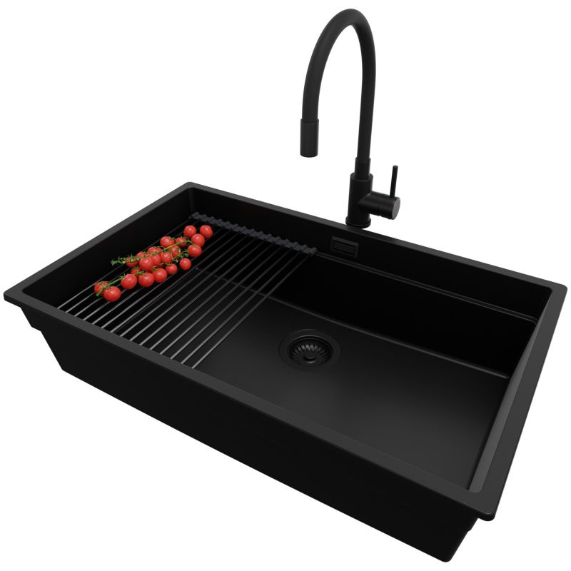 Zlewozmywak Granitowy Praga Slim PRIMAGRAN Nablatowy 76x47cm, Cały Czarny + Bateria + Syfon + Akcesorium, S550, 1 szt.