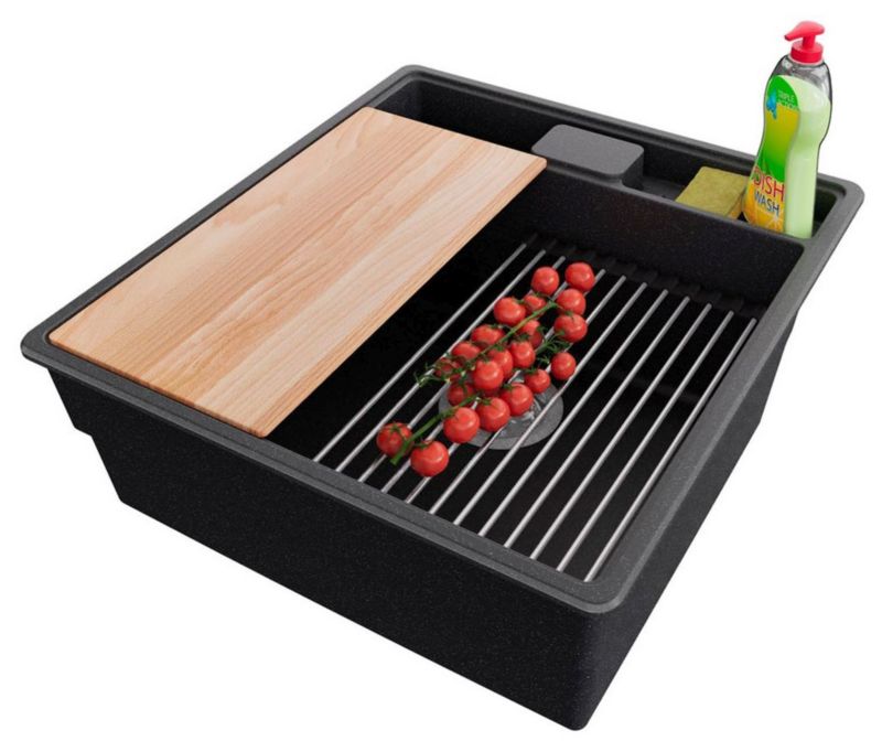 Zlewozmywak Nowy Jork PRIMAGRAN Nablatowy 48x53cm do szafki od 50cm, Grafitowy + Syfon + Akcesoria, , 1 szt.