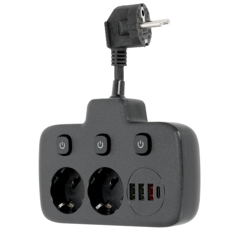 Przedłużacz 2gn+3usb 1usb-c Kobi 0,2M zu+w czarny 1szt.