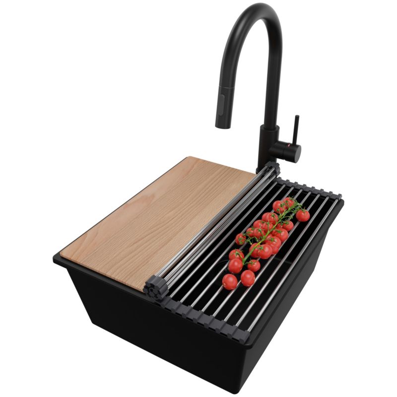 Zlewozmywak Granitowy Londyn Slim PRIMAGRAN Nablatowy 41x47cm do szafki od 45cm z Syfonem i Baterią i Dodatkiem Cały Czarny 1 szt.