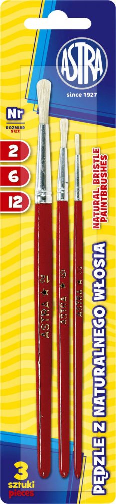 Zestaw pędzli Astra, z naturalnego włosia, rozmiar 2/6/12, 3 sztuki