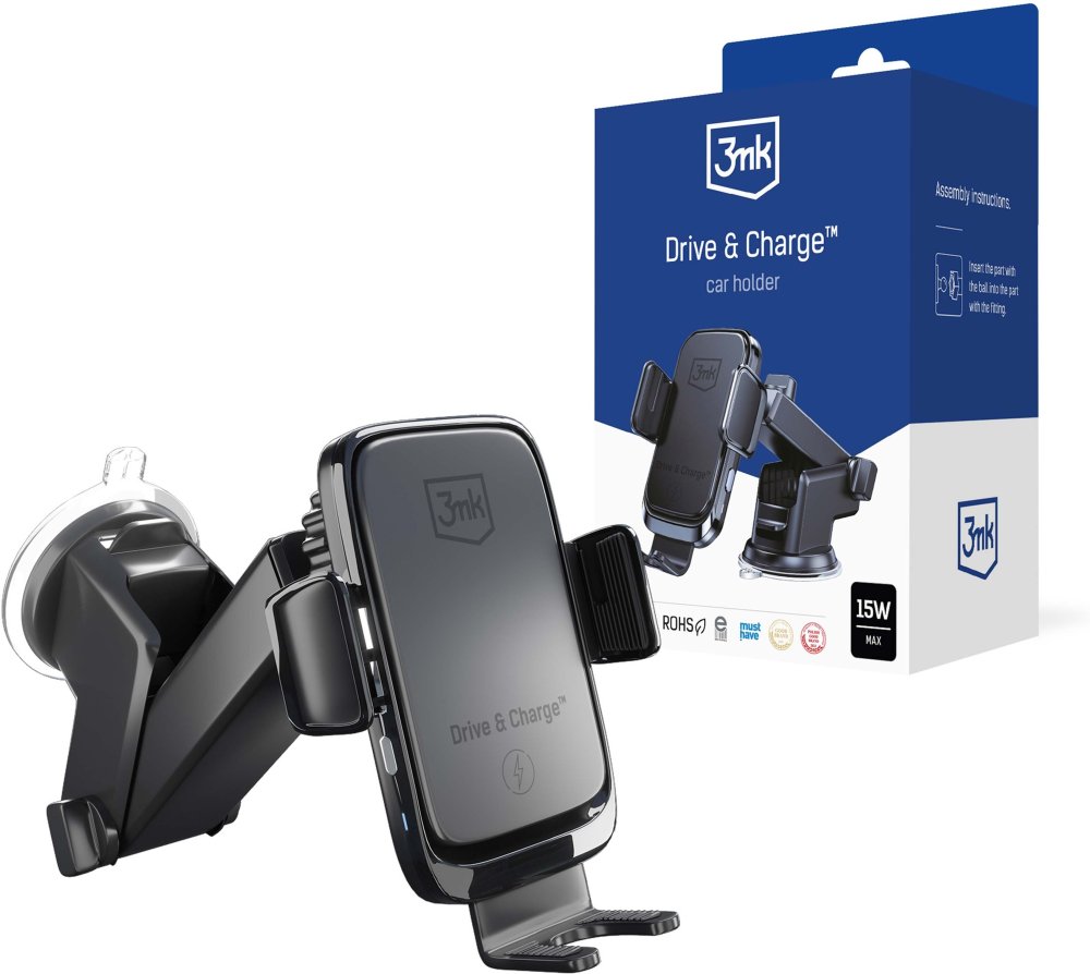 Uchwyt na telefon do samochodu 3mk Drive & Charge, z ładowarką indukcyjną 15W, czarny