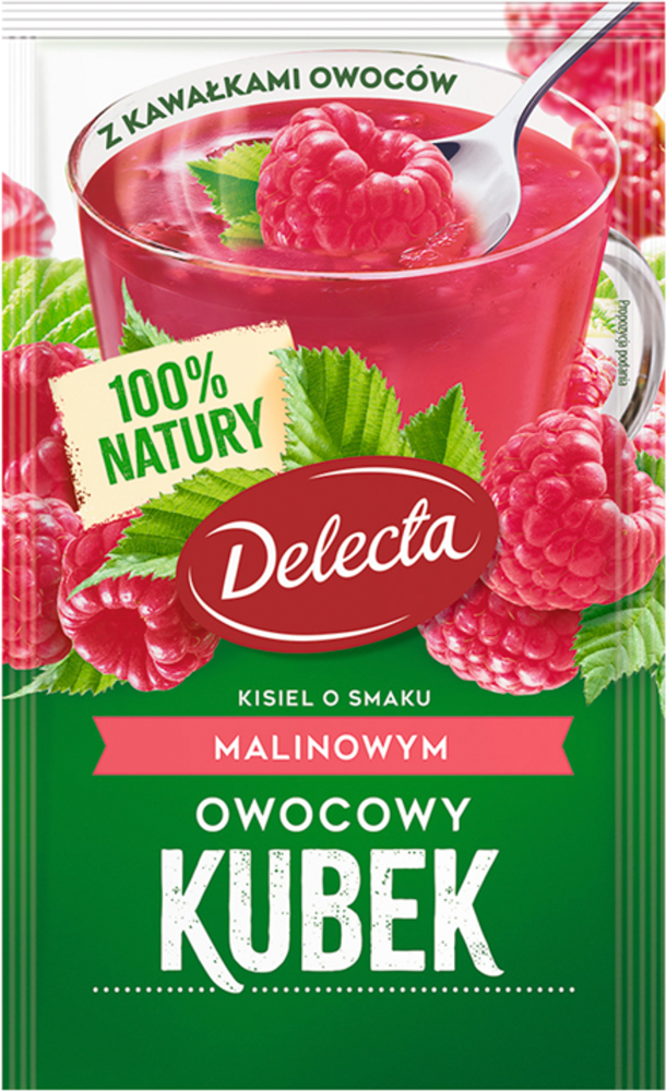 Kisiel Delecta Owocowy Kubek z kawałkami owoców, malinowy, 30g